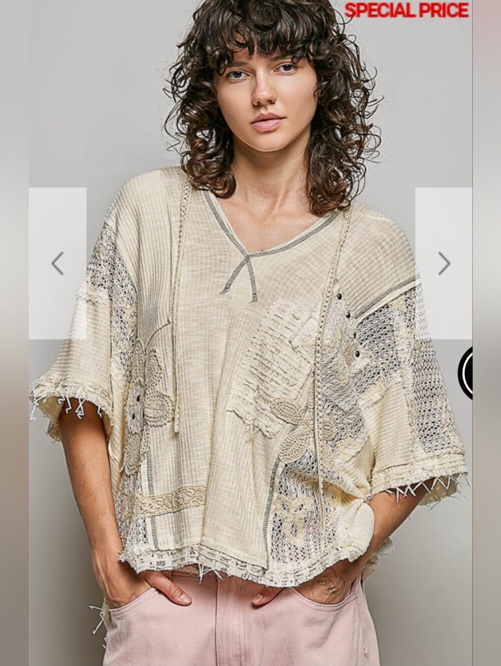 POL Distressed Crochet-Panel V-Neck Tunic in Cream